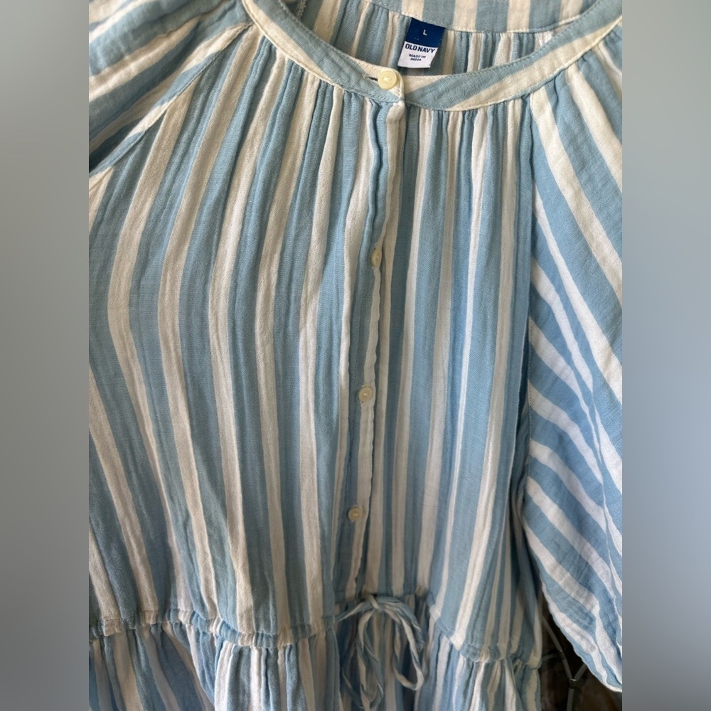 Old Navy Women’s Large 100% Cotton Blue White Stripe Balloon Drawstring Dress - Picture 3 of 8